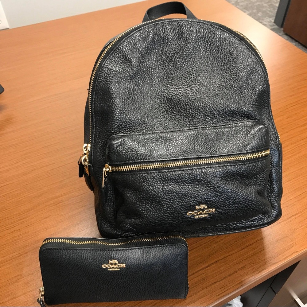Leather Coach backpack with wallet